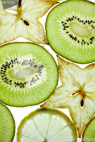 Image of Sliced Kiwifruit, Lemon and Starfruit isolated on white