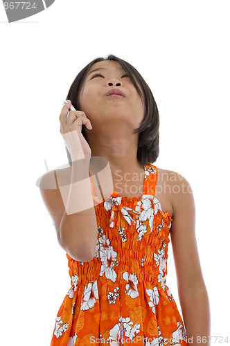 Image of girl with mobile phone looking up