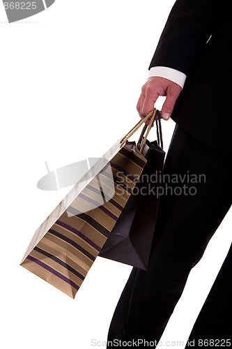 Image of detail of a  man doing shopping,with bags