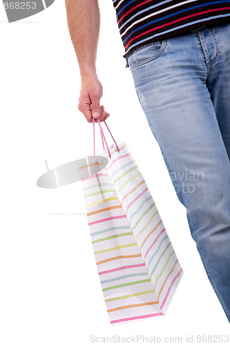 Image of detail of a  man doing shopping,with bags