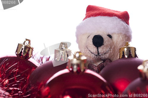 Image of Christmas: balls, ribbons and teddy bear