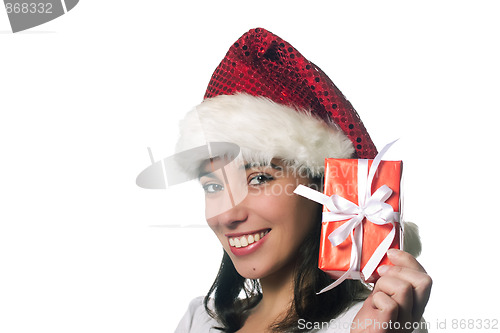 Image of Beautiful christmas girl with a gift