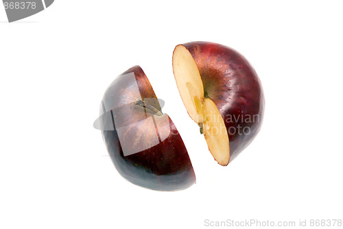 Image of looking down at split apple on white