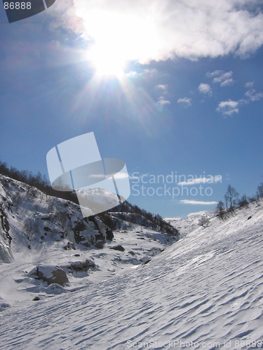 Image of Sunshine over snowy mountains