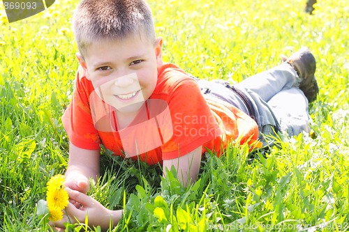 Image of Smiling boy on meadow grass