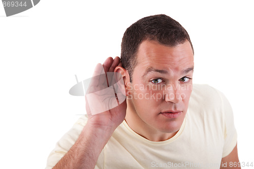 Image of man, listening, viewing the  gesture of hand behind the ear, isolated on white background