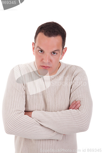 Image of man upset with his arms crossed, isolated on white background. Studio shot.