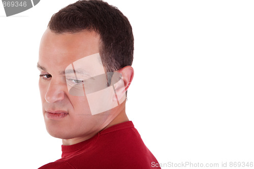 Image of man to turn around, looking with contempt, isolated on white background. Studio shot