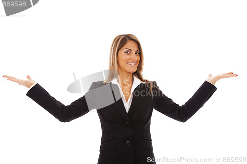 Image of Businesswoman showing something