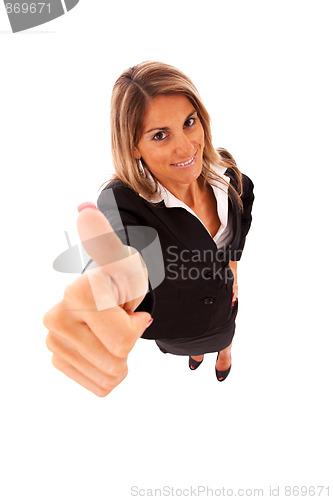 Image of Happy businesswoman gesturing OK