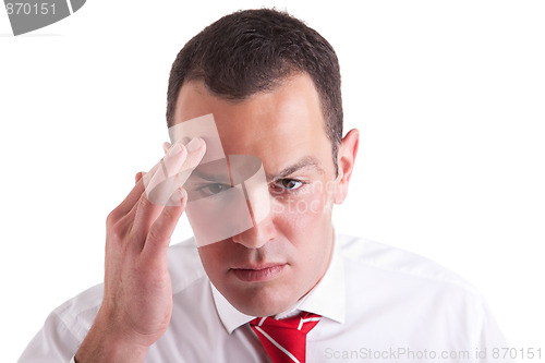 Image of man with headache on white background.