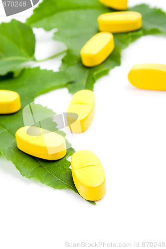 Image of vitamin pills over green leaves 