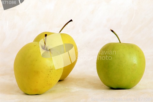 Image of Three yellow apples on painted background