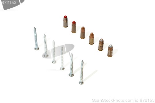 Image of Row of 9mm Parabellum cartridges versus row of screws