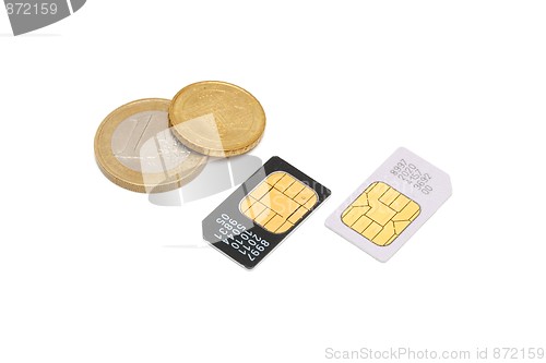 Image of Two SIM cards for cellular phones and euro cents isolated 
