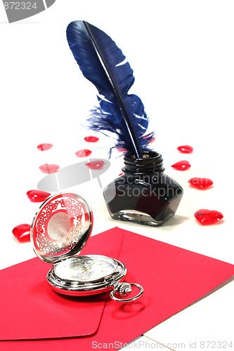 Image of Red hearts with pen and ink, and Clock