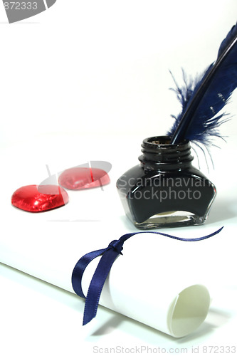 Image of Letter and pen and ink with red hearts