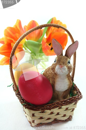 Image of Easter basket with eggs and Easter bunny and tulips