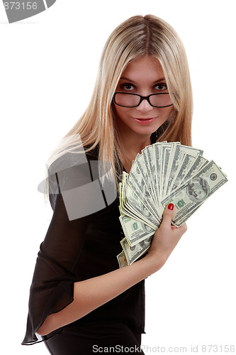 Image of Girl with a fan of dollar bills