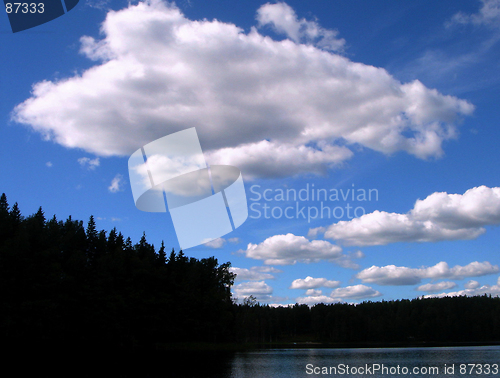 Image of White clouds above wood lake