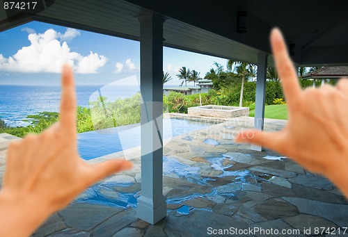 Image of Hands Framing Breathtaking Hawaiian Ocean View Deck