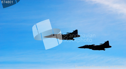 Image of Two aircraft Jas 39 Gripen on blue sky