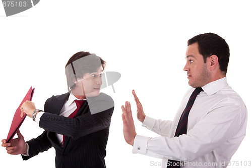 Image of two businessmen discussing because of work, very stressed