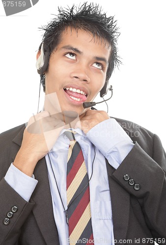 Image of Gasping telemarketer loosening collar