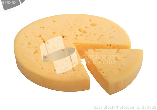 Image of Yellow cheese of circle form with sector part.