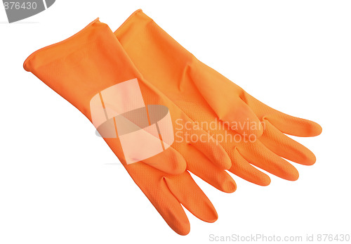 Image of Two orange rubber gloves.