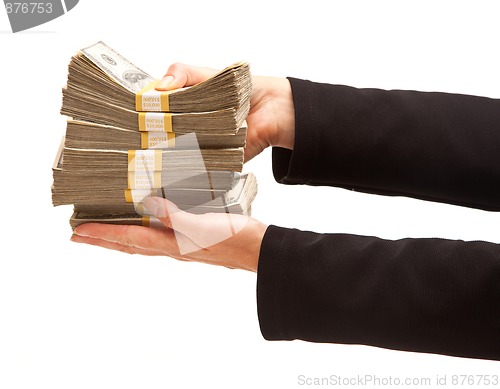 Image of Woman Handing Over Hundreds of Dollars