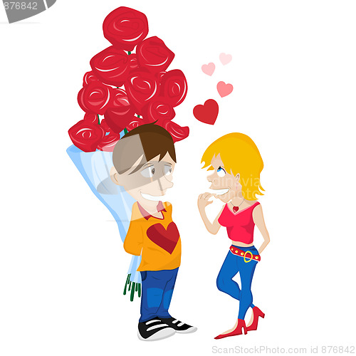 Image of Young Couple in Love. Boy hiding flowers from girlfriend