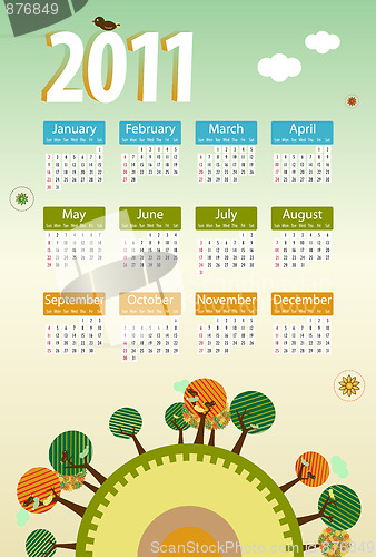 Image of Calendar 2011 environmental retro planet with trees,birds,flower