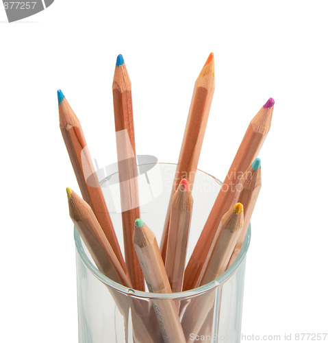 Image of Set of multicolored wood pencils in glass.