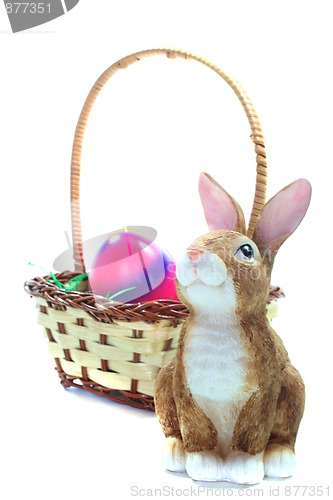 Image of Easter basket with Easter eggs and Easter bunny