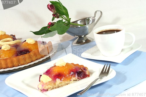 Image of a piece of fruit cake with a cup of coffee