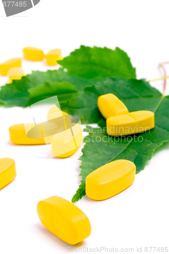 Image of vitamin pills over green leaves