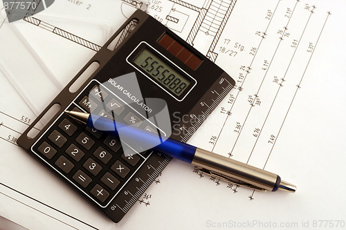 Image of Calculating Cost with and blueprint.,