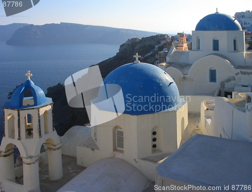 Image of A view of some of the famous churches at Oia on Santorini, Greece