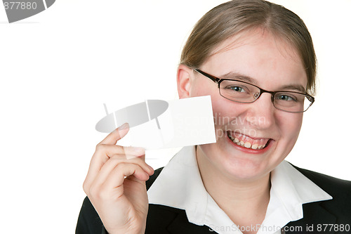 Image of business woman holding businesscard