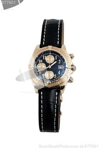 Image of luxury watch, black leather and gold