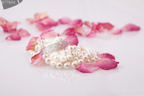 Image of pearl beads and red roses petals