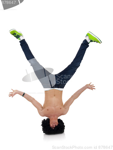 Image of b-boy freeze on head