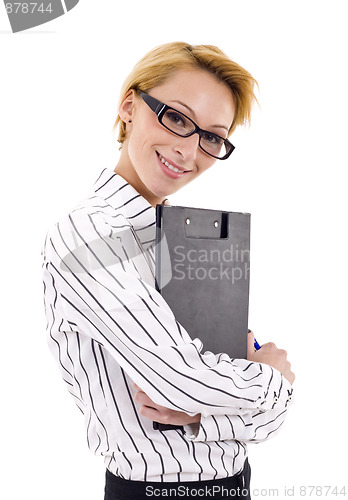 Image of woman holding clipboard 