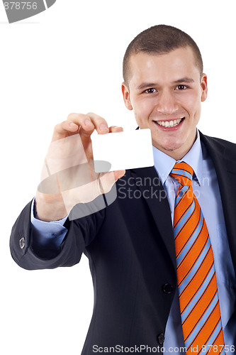 Image of man presenting blank card