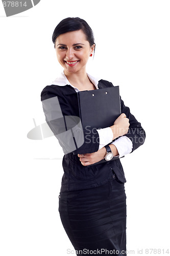 Image of Businesswoman holding clipboard