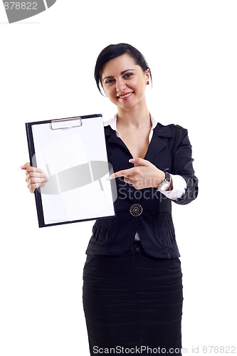 Image of woman displaying a notebook