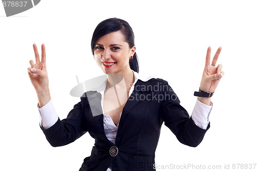 Image of woman making the victory sign