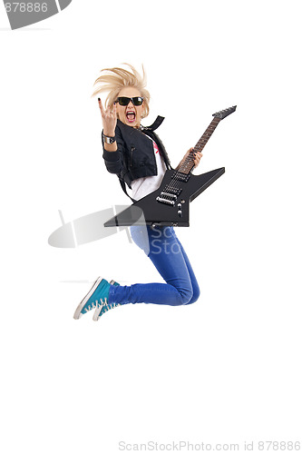 Image of woman guitarist jumps