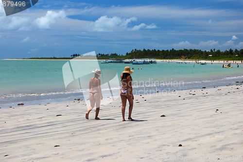 Image of Girls walking on the green sea beach in Alagoas, Brazil